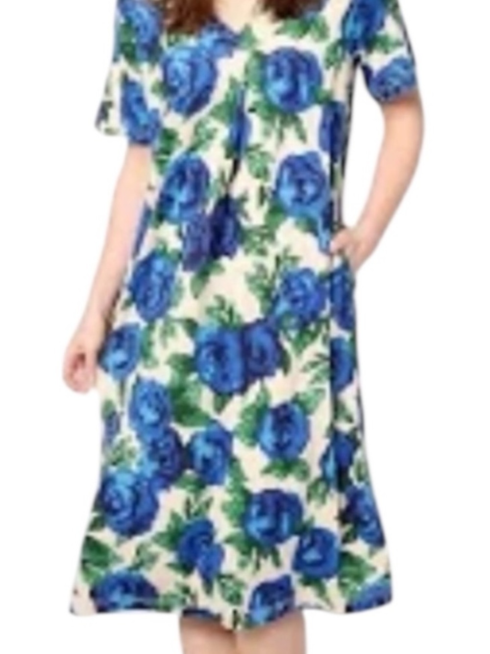 BumbleBella by Jill Martin Blue Rose Floral Midi Dress Pockets S